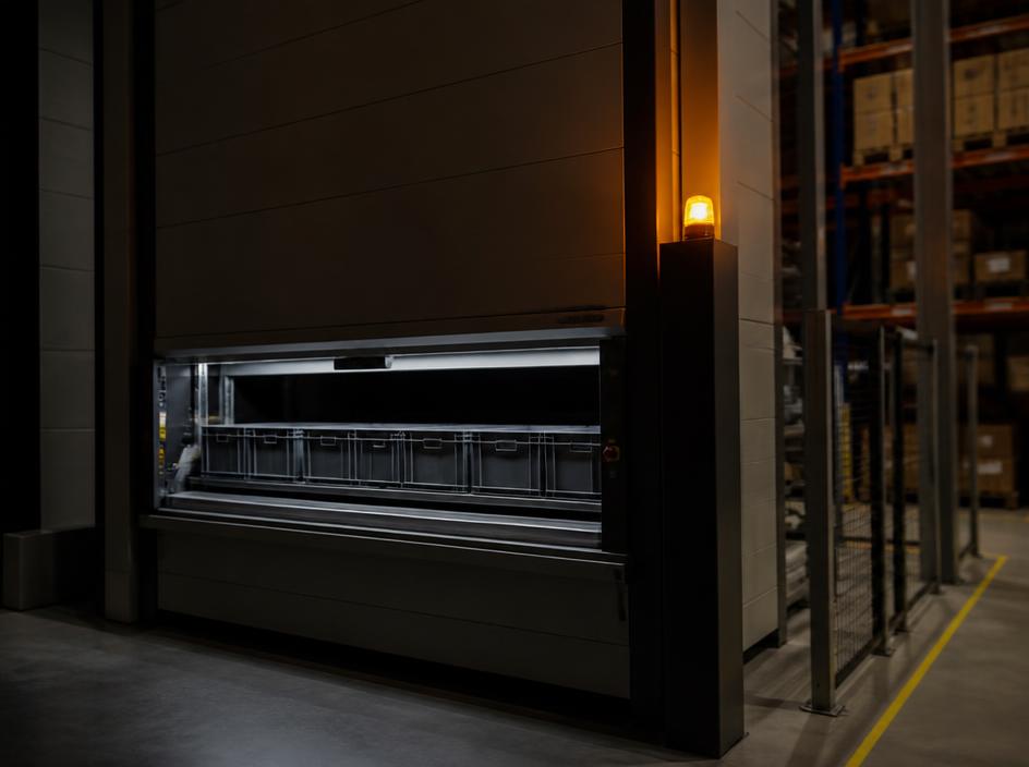 Stilgevallen opslagmachine met brandend waarschuwingslicht
